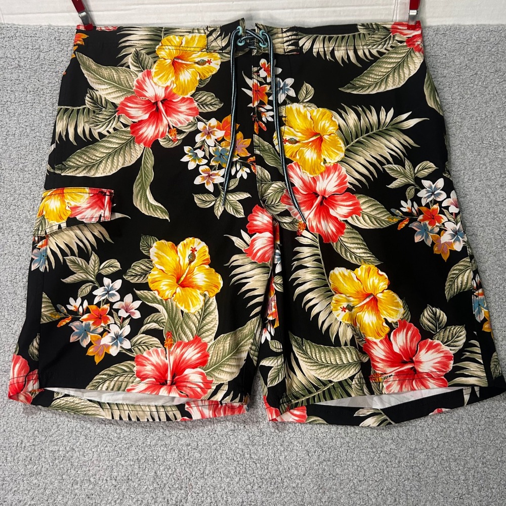 George Swim Trunks Tropical Hibiscus L Black Floral Board Shorts Surf Beach
